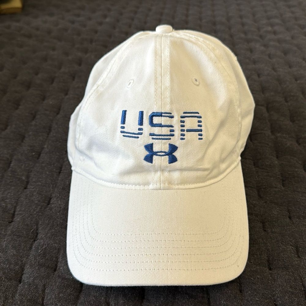 Under Armour USA Hat White Blue Baseball Cap Adjustable Athletic